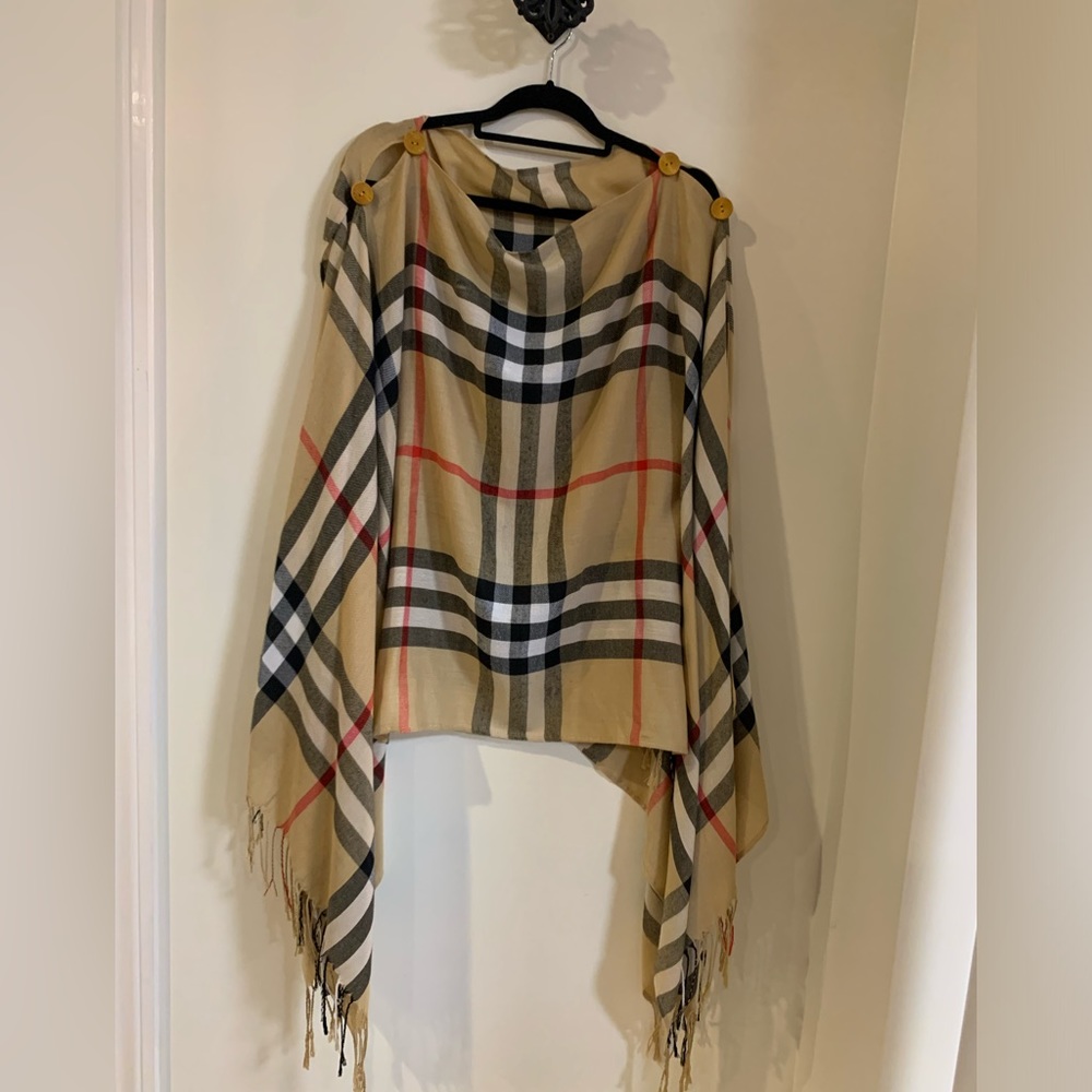 Tan plaid button poncho